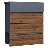 Toboli Briefkasten V63 Anthrazit und Holzdesign 410 x 130 x 370 mm, Wandbriefkasten mit Schloss,...