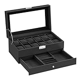 SONGMICS Uhrenbox, Uhrenkasten mit Glasdeckel, 2 Ebenen, für 12 Uhr, abschließbar, 1 Schublade,...