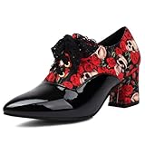 Wtharosa Damen Vintage Oxford Pumps Hoher Blockabsatz Spitzkappe Schnürung Lackleder und Stoff...