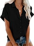 Friptspyg Bluse Damen Lässiges Kurzarm Hemdbluse Sommer V-Ausschnitt 100% Baumwolle Solide...