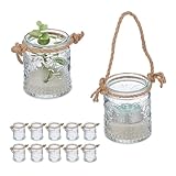 Relaxdays Windlicht, 12er Set, Glas mit Henkel, 7 x 6 cm, innen & außen, Hochzeit Teelichthalter,...