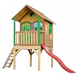 AXI Spielhaus Laura mit rote Rutsche | Stelzenhaus in Braun & Grün aus FSC Holz für Kinder |...