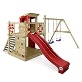 WICKEY Spielturm Klettergerüst Smart Camp mit Schaukel & roter Rutsche, Outdoor Kinder Kletterturm...