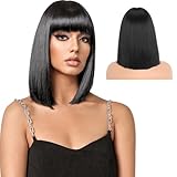 KEYRI Perücke Schwarz für Damen, 12 Zoll Gerade Bob Mit Flat Pony Kurze Gerade Perücken Bob...