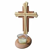 Kaltner Präsente Geschenkidee - Echtes Holz Buche Kreuz Kruzifix mit Teelicht 25 cm modern