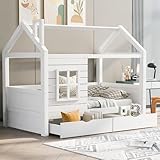Kinderbett 90x200 cm Holzbett mit 2 Schubladen und Fenster, Massivholz Kinder Bett mit...