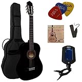 4/4 GITARRE - KONZERTGITARRE IM SET - CLASSIC - SCHWARZ BLACK- DECKE LINDE - STIMMGERÄT - TASCHE -...