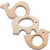 SIRLOMU Pack of 3 Baby Teething Ring Wooden Baby Wooden Figures, Natural Wooden Rings, Handmade...
