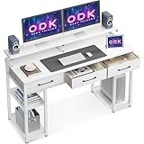 ODK Schreibtisch Weiß, Schreibtisch mit 3 Schubladen, Computertisch mit Regal, 120x50x90cm...