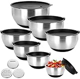 Edelstahl Schüssel Set, 7-teilig Salatschüssel mit Deckel, 3 Reibenaufsätzen, Rührschüssel Set...