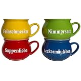 BURI Suppentassen 4er-Set aus Keramik | Bunte Henkel-Schüsseln mit Sprüchen | 400 ml |...