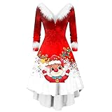 OIUHJN Ballkleider Damen Weihnachten Langarm V-Kragen Asymmetrisches Partykleid Kleid Knielang Damen