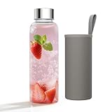 YRHome 500ml Trinkflasche Glasflasche mit Edelstahl-Deckel & Grau Neopren-Hülle Glastrinkflasche...