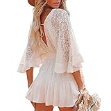 Geagodelia Damenkleid, Spitze, V-Ausschnitt, rückenfrei, Strandkleid, Urlaub, Weiß, sexy, kurz,...