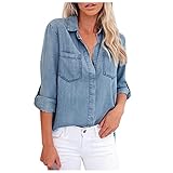Jeanshemd Damen Bluse Langarm Hemd Shirt 3/4 Arm Jeansbluse Casual Elegant Jeanshemd V Ausschnitt...