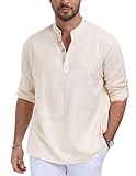 QUEZHU Hemd Herren Henley Langarm Leinenhemd Baumwolle Sommerhemd Stehkragen Freizeithemd Mens...