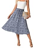 GRECERELLE Damen Rock Sommer Midi Langer Midirock A-Linie Flowy mit Taschen leicht und luftig (Blau...