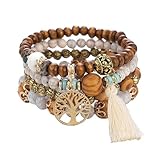 SHUBEIEUMI Boho Holzperlen Armband, 4 Stück Boho Quaste Armband für Damen, Frauen Baum des Lebens...