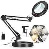 Veemagni 10X Lupe mit Licht, 5 Farbmodi Stufenlos Dimmbar 2-in-1 Schreibtischlampe und Klemme, LED...