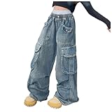 ZhungZaoh Baggy Jeans Mädchen Wide Leg Hose Straight Jeanshosen High Waist Loch Denim Blau Hosen...