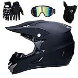 UIGJIOG Motocross Helm Matte Schwarz, Herren Crosshelm mit Brillen Maske Handschuhe, Unisex Fullface...
