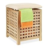 Relaxdays, Natur Wäschekorb mit Sitz, Walnussholz, Stoff, HxBxT: 50 x 39 x 39 cm, 45 l Wäschebox,...