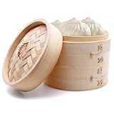 PWGHWG Bambus Dampfgarer 2 Etagen Bambusdämpfer mit Deckel 15 cm Dampfkorb Bambus mit 2...