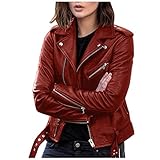Kunstlederjacke Damen Schwarz, Lederjacke Damen Rot, Biker Jacke Frauen Mit Zip, Gefüterte...