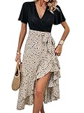 IFFEI Sommerkleid Damen Elegant Schlitz Boho Blumenkleid Leichte Knielang Freizeitkleid mit Gürtel...