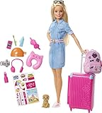 Barbie-Puppe Barbie Dream House Adventures, Reise-Barbie mit blonden Haaren, rosa Koffer, Rucksack,...