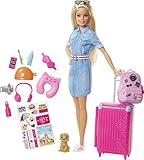 Barbie-Puppe Barbie Dream House Adventures, Reise-Barbie mit blonden Haaren, rosa Koffer, Rucksack,...