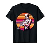 Skelett Klarinettenspieler Musikliebhaber Halloween Retro Sonnenuntergang T-Shirt