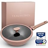 TRAUMLEBEN® Wokpfanne 28 cm mit Deckel, abnehmbarem Griff & Hitzeindikator | PFOA-frei & für...