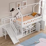 Jaxenor Kinderbett 90x200 mit Magnetischer Tür, Hochbett mit Rutsche und Treppen, Hausbett für...
