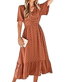 BebreezChic Sommerkleid Damen Lang Boho Elegant Kurzarm V-Ausschnitt Hohe Taille Swiss Dot Gerafft...
