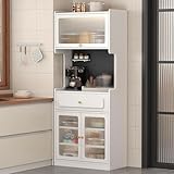 Farmhouse weißer Speisekammerschrank mit Türen und verstellbaren Regalen, freistehend, Kaffeebar...