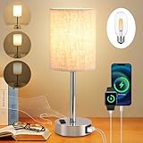 LED Nachttischlampe Touch Dimmbar, Modern Tischlampe mit USB A+C-Ladeanschluss, Leinen Lampenschirm,...