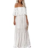 HOYISHION Damen Schulterfreies Maxi-Kleid mit Blumenmuster, Spitzenkleid, Weiß, Weiß, Groß