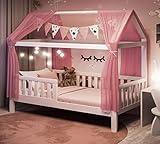Alcube® HEIM Kinderbett 90x200 mit Rausfallschutz und Rolllattenrost - Hausbett 90x200 Dachgestell...