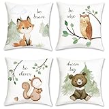 Bonhause 4er Set Kissenbezüge Frühling Waldtiere 45 x 45 cm Fuchs Bär Eichhörnchen Eule...