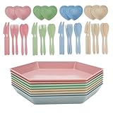 Mulaibdin 8 Stk Plastikteller Mehrweg, Teller Set Bunt mit Besteck & Dipschalen, 6.6 inch...