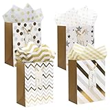 4 Stück Geschenktüten, Geschenktüten mit Henkel, Weiß Gold Geschenktüte mit Schleifenbändern...