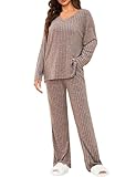 Tuopuda Zweiteiler Damen Lounge Set Rundhals Einfarbig Loungewear Gerippt Shirt Top Langärm mit...