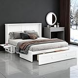 Mobiles Schrankbett 140x200 cm mit Schubladen & Seitentisch | Plattformbett mit integriertem Regal &...