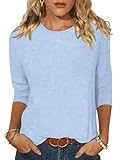 Minetom Damen 3/4 Arm Shirt Rundhals Bluse Sommer Leichte Klassische Oberteil Basic Tops Seeblau M