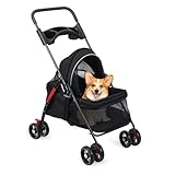 Hundebuggy bis 15 kg Klappbar – Faltbarer Hundewagen mit Netzfenster, Bremsen & Getränkehalter...