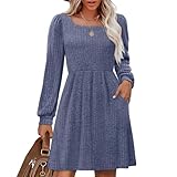 Herbstkleid Damen Leichte Strickkleid A Linie Langarm Kleid Herbst Quadratischer Ausschnitt...