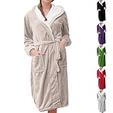Generisch Bademantel Damen Flauschig Mit Kapuze, Hausmantel Damen Lang Warm Morgenmantel Baumwolle...