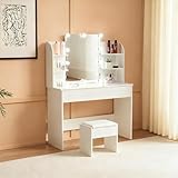 GIHAUVIA Schminktisch mit LED-Licht & großem Spiegel – Moderner weißer Kosmetiktisch mit Hocker,...