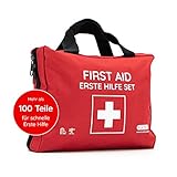 FLEXEO Erste Hilfe Set (103-teilig) gefüllt mit Sofort-Kältekompressen, Rettungsdecke und...